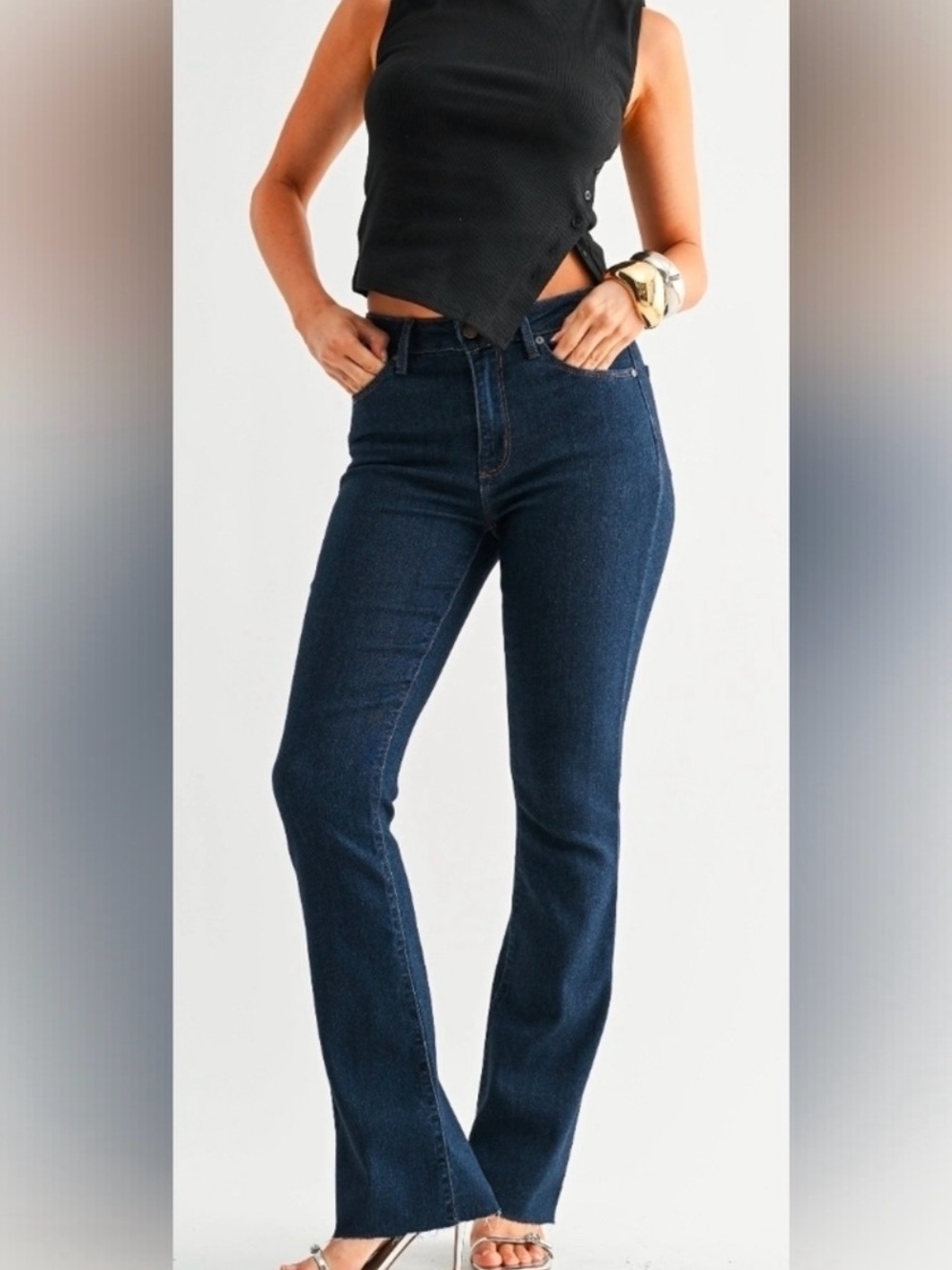 Just Black Dark Blue Flared Jeans with Raw Hem SZ 30. 32” inseam